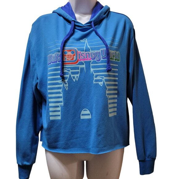 Disney Parks Women’s Medium Blue Retro Print Castle Cropped Hoodie Lightweight - Picture 3 of 7